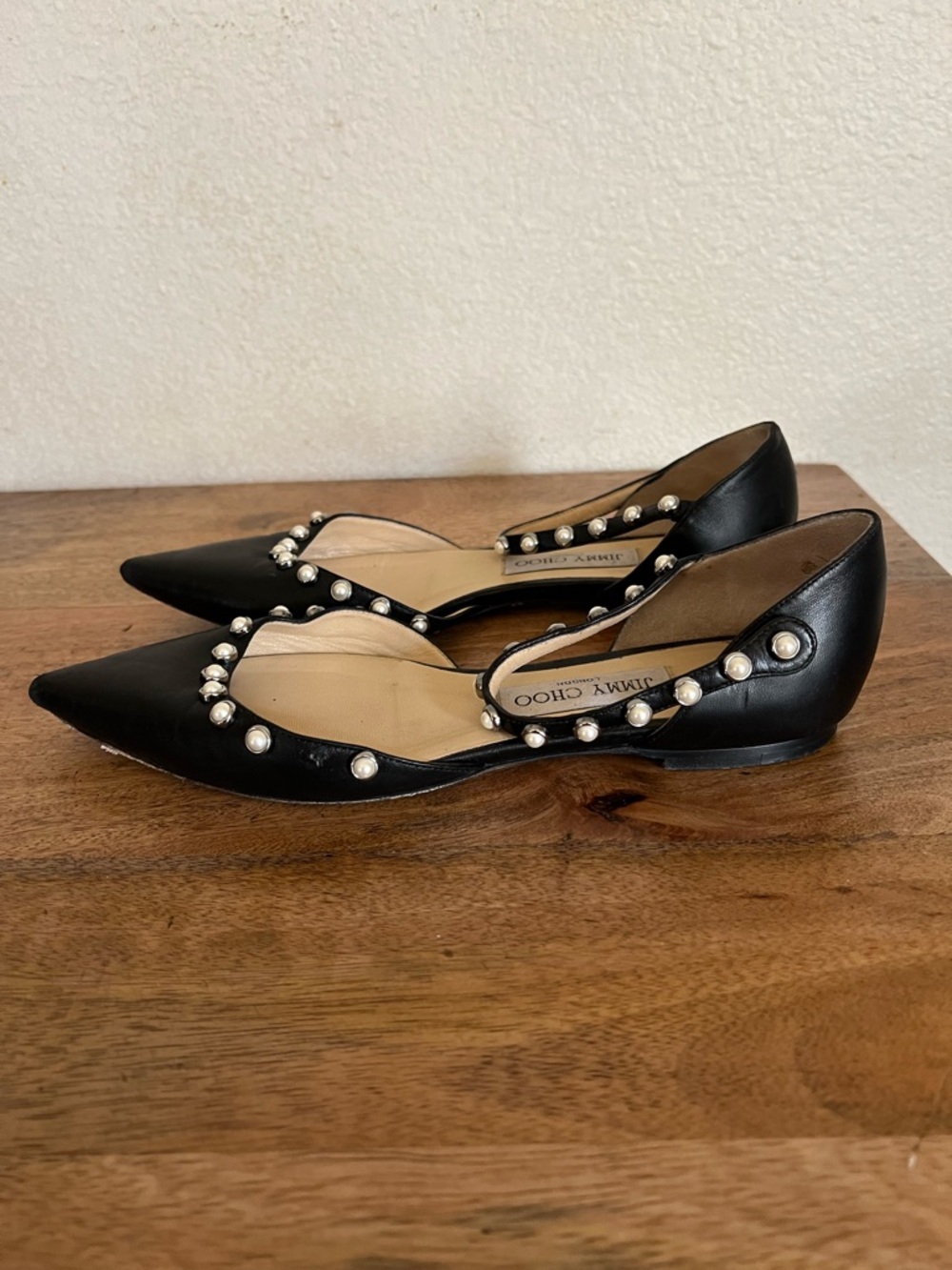 Jimmy Choo Leema Black Leather Pearl Embellished Ankle Strap Flats Size 37.5 - Picture 5 of 11